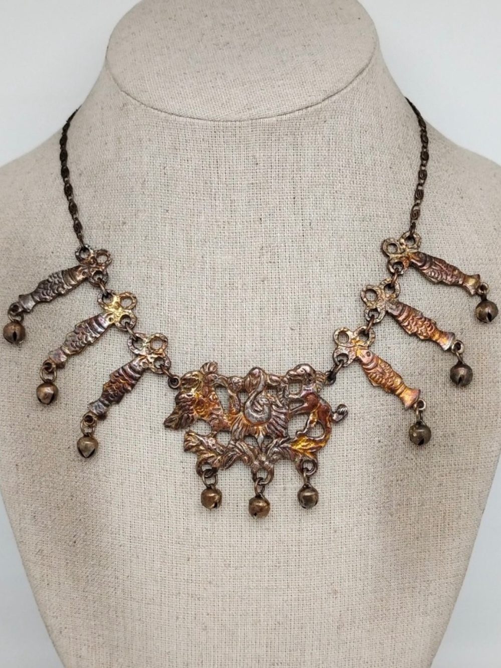 Peruvian Art Signed Silver Plated Tribal Animal Themed Necklace (Tarnished)